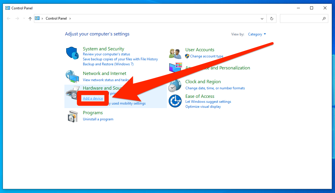 A Windows 10 Control Panel app with the "Add a device" option highlighted.
