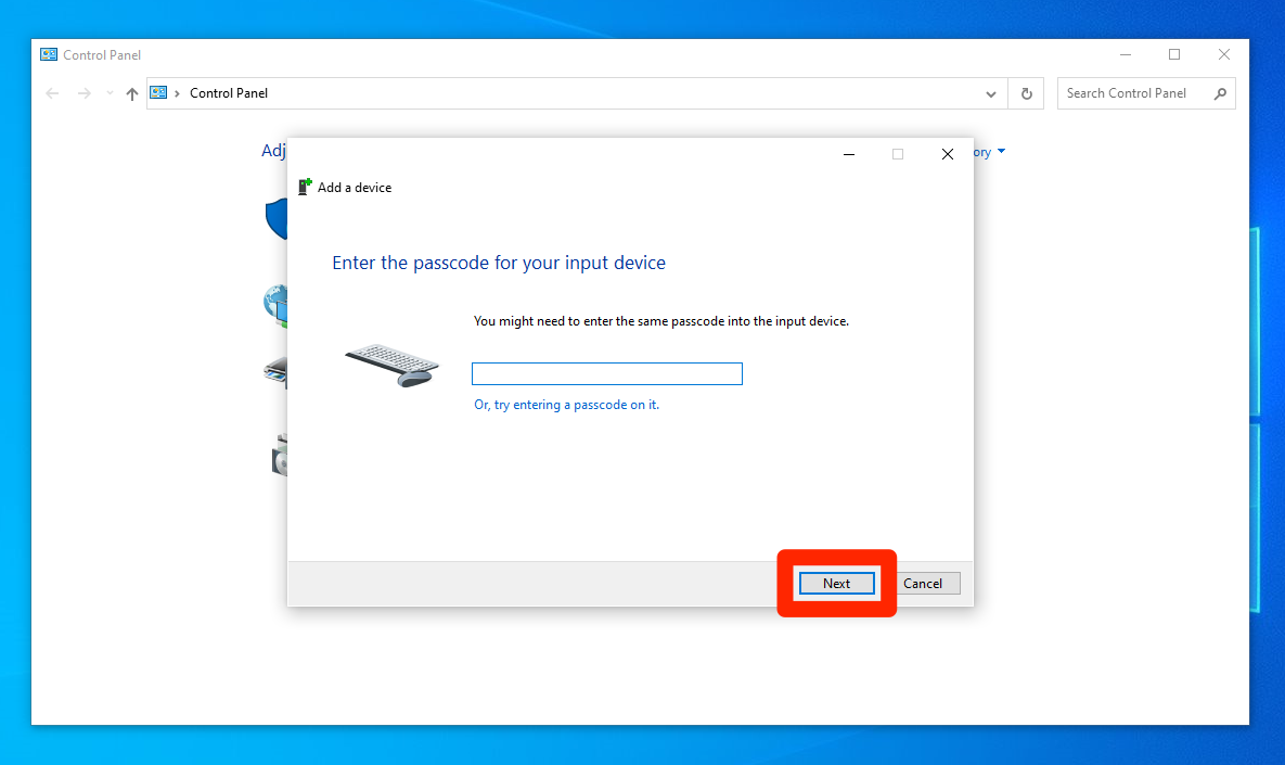 A Windows 10 screen asking the user to enter a passcode to connect their device.