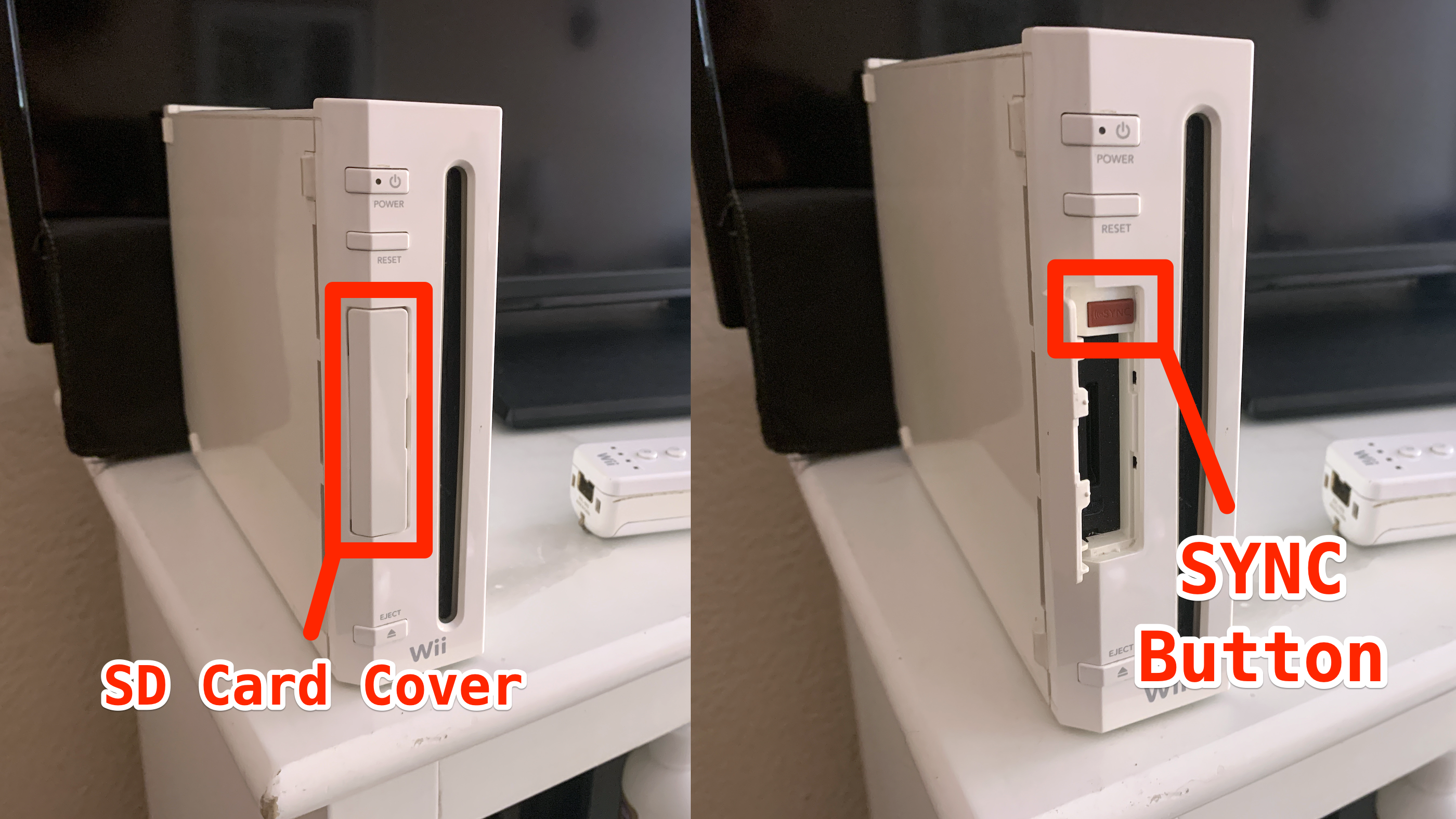 A Wii console with its SD Card Cover both opened and closed.