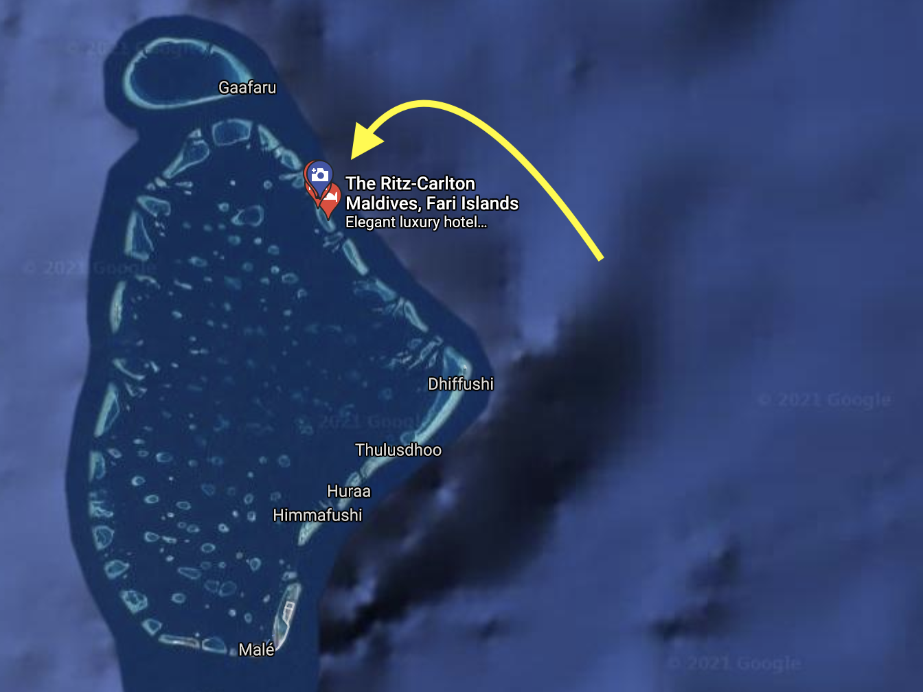 screenshot of Maldives' map shows the Fari Islands on the north eastern side of the atoll
