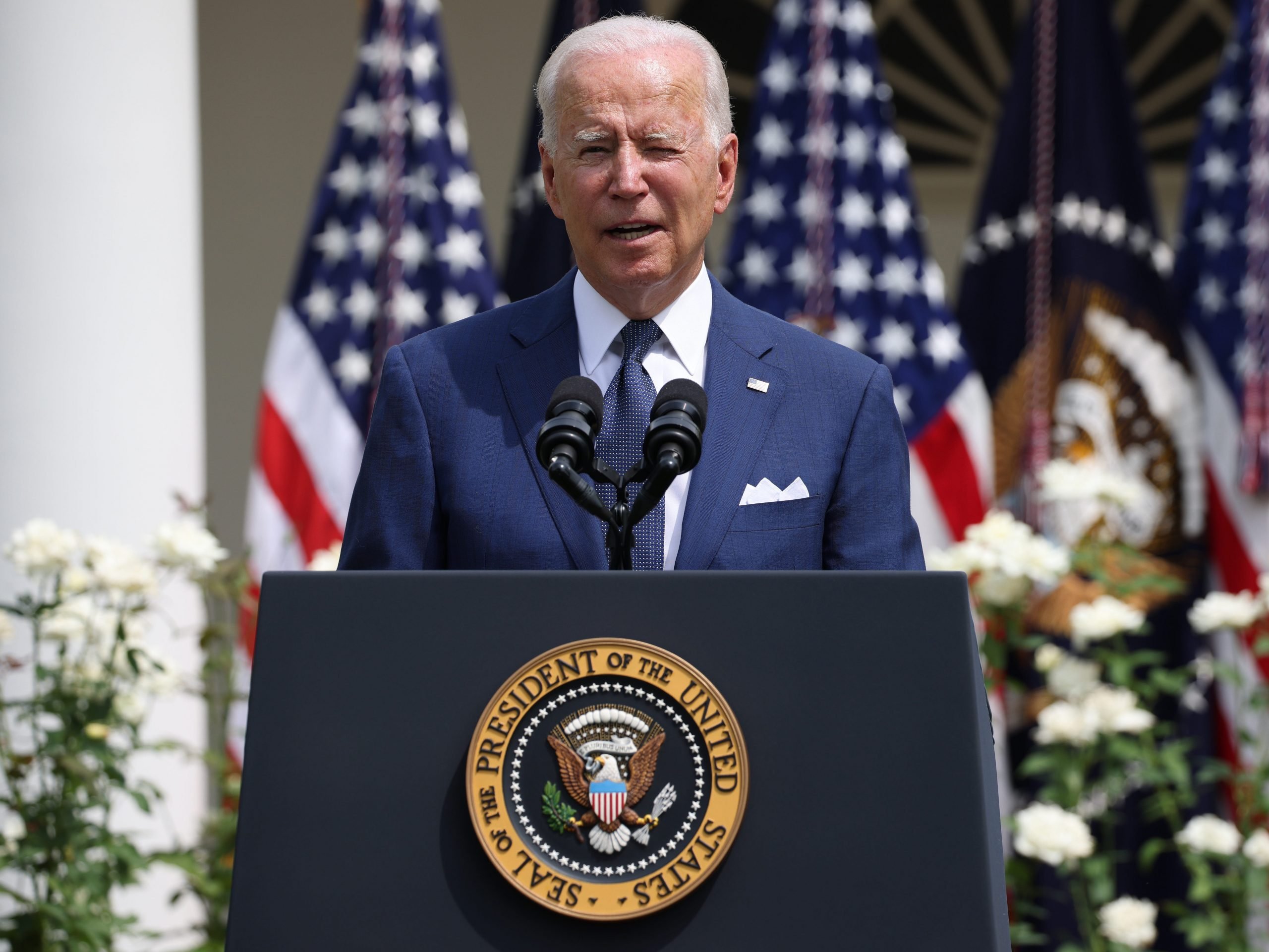 US President Joe Biden speaks during an event marking the 31st anniversary of the Americans with Disabilities Act in the Rose Garden of the White House, July 26, 2021 in Washington, DC.