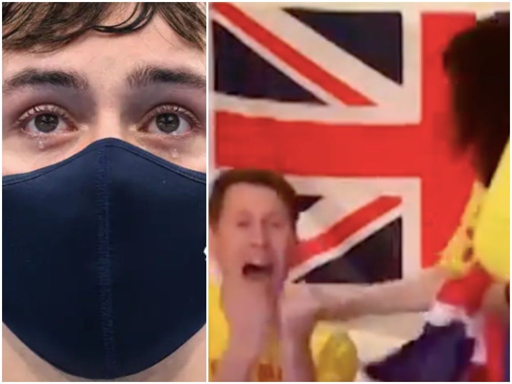Tom Daley is emotional during his Olympic gold success, while his husband and mother react at home.
