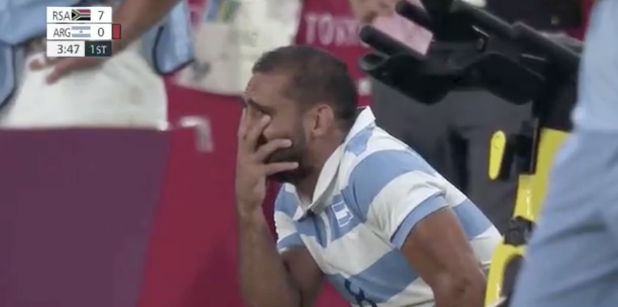 Gaston Revol of Argentina watches on as his team play South Africa in the Rugby Sevens at the Tokyo Olympics