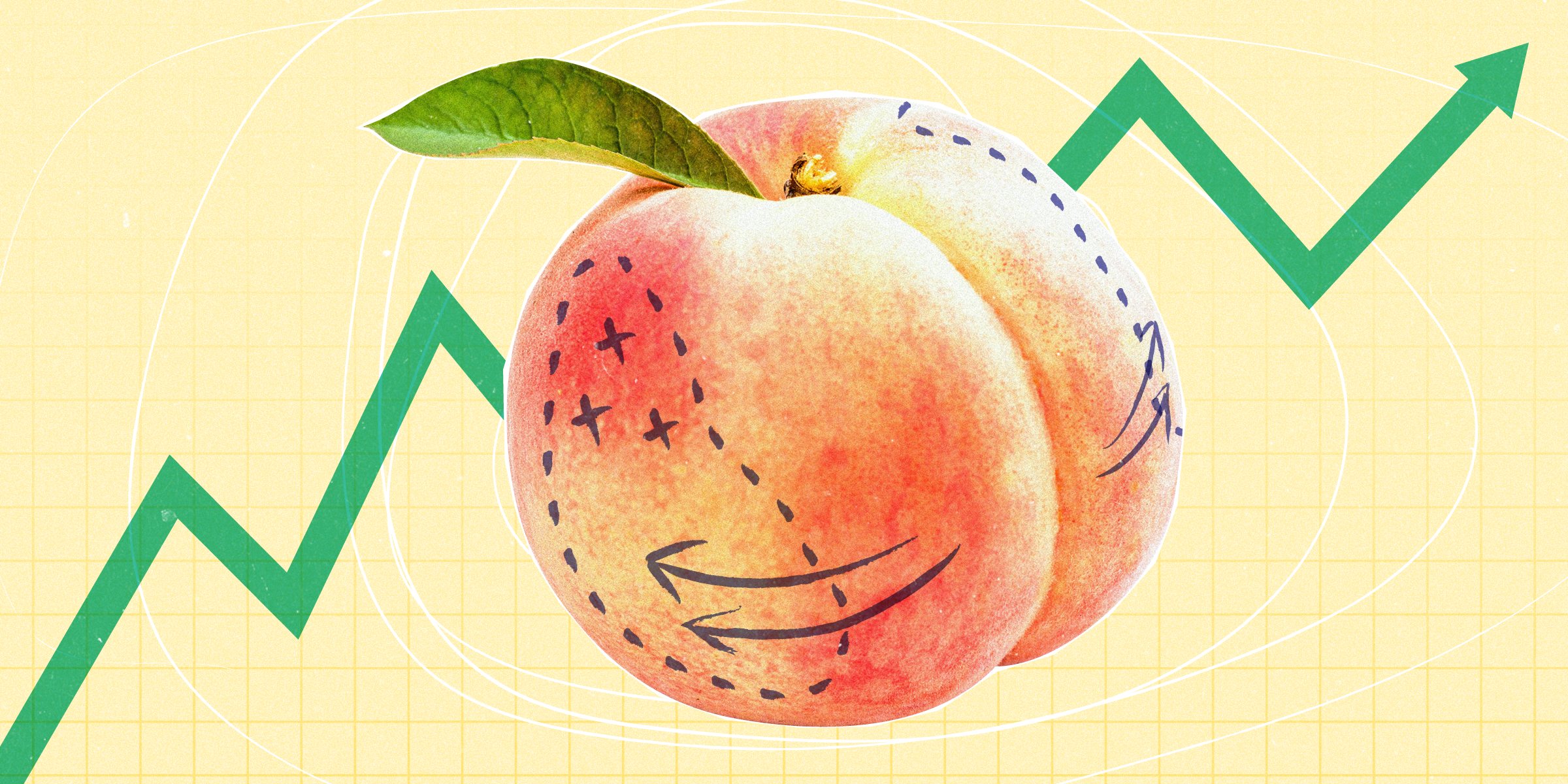 A peach with marks on its sides with a green upwards trending arrow on a pale yellow gridded background.