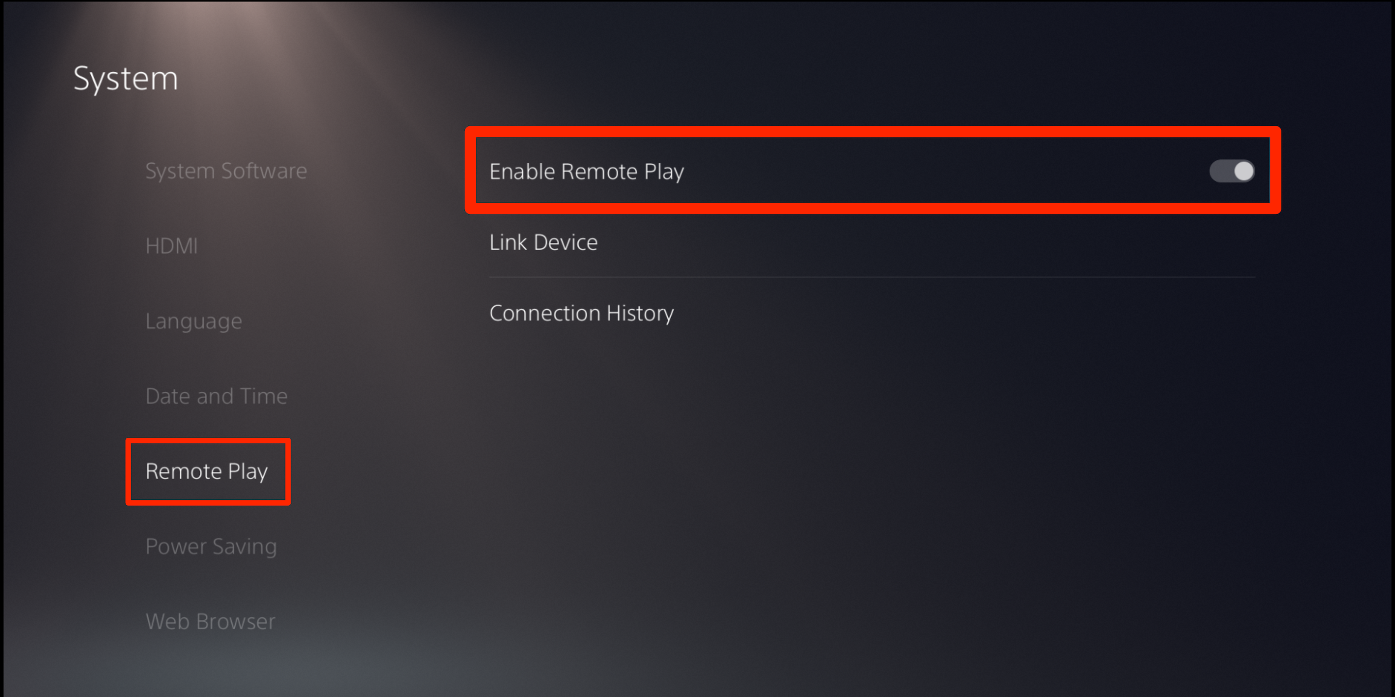 The Remote Play menu on a PS5, with the "Enable Remote Play" option highlighted.