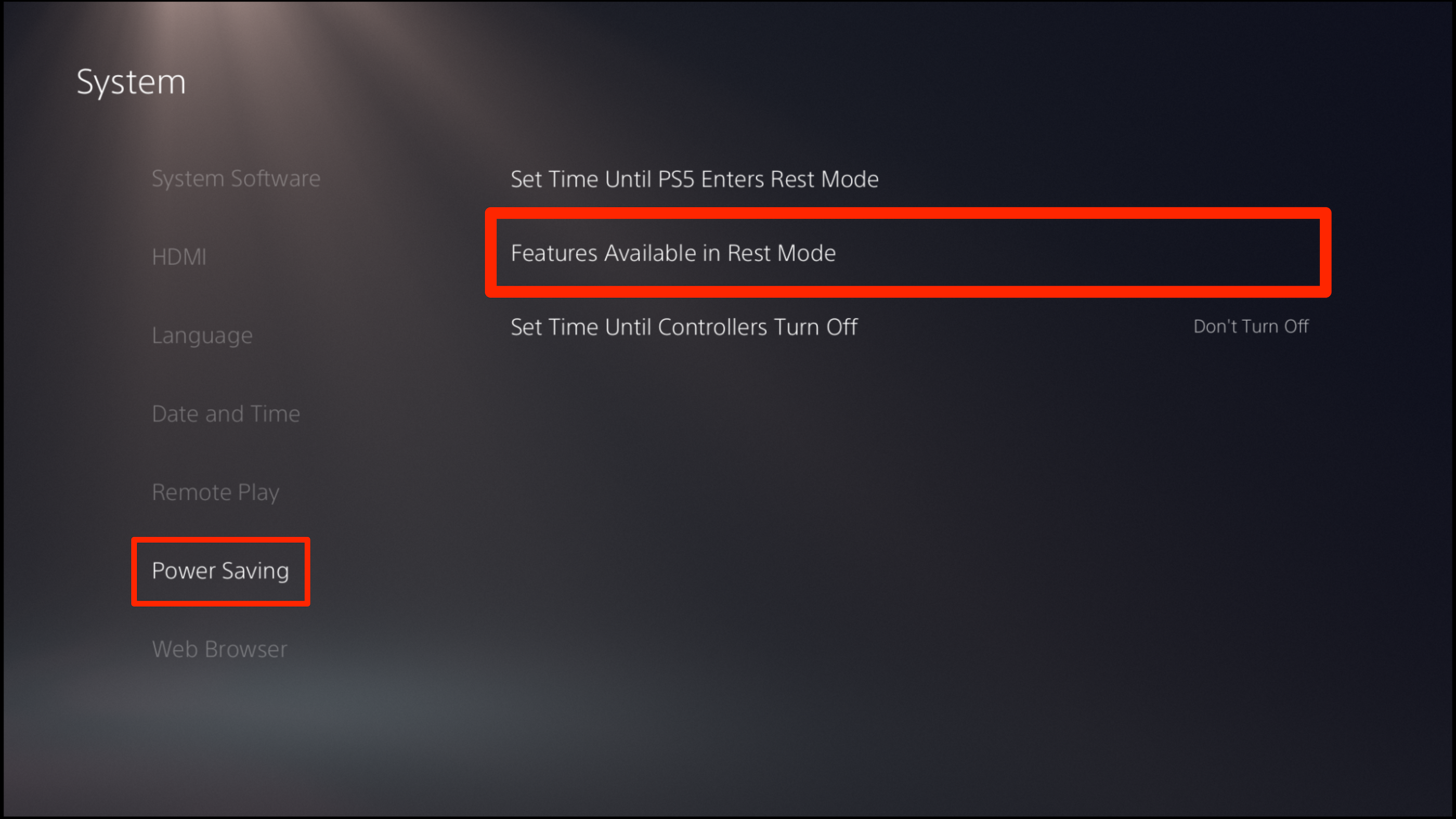 The Power Saving menu on a PS5, with "Features Available in Rest Mode" highlighted.