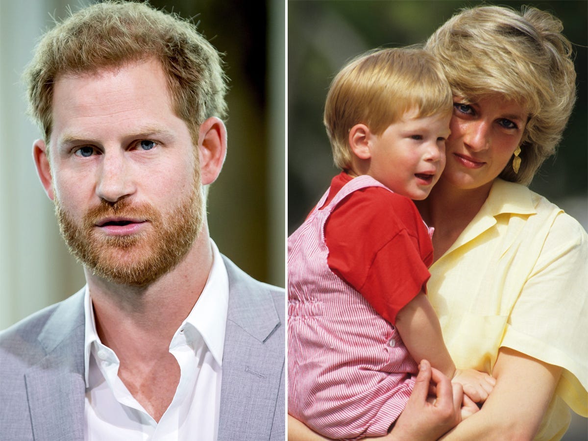 A side-by-side of Prince Harry as an adult in a blue suit and Princess Diana holding him as a child.