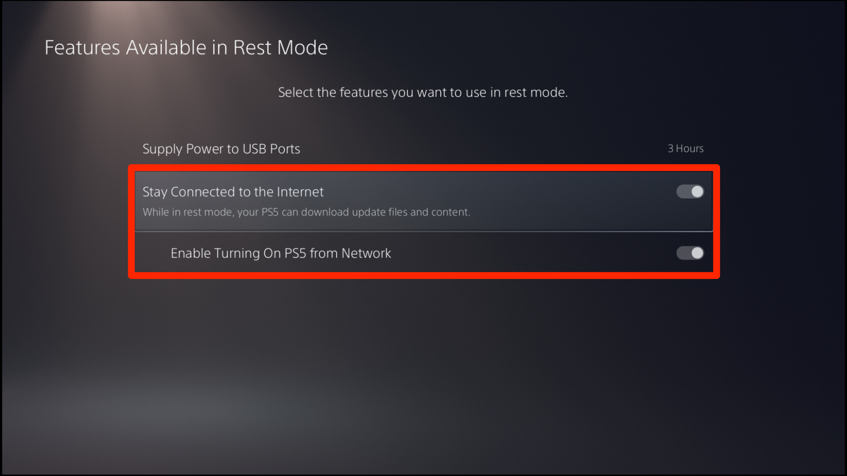 A PS5 menu with three options. Two of the options - Stay Connected to the Internet and Enable Turning On PS5 from Network - are highlighted.