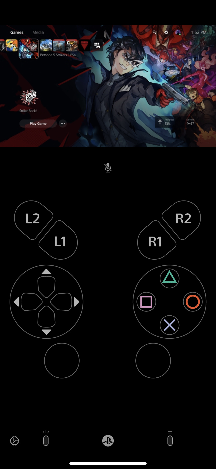An iPhone running a PS5's screen. All the buttons on a PS5 controller are displayed.
