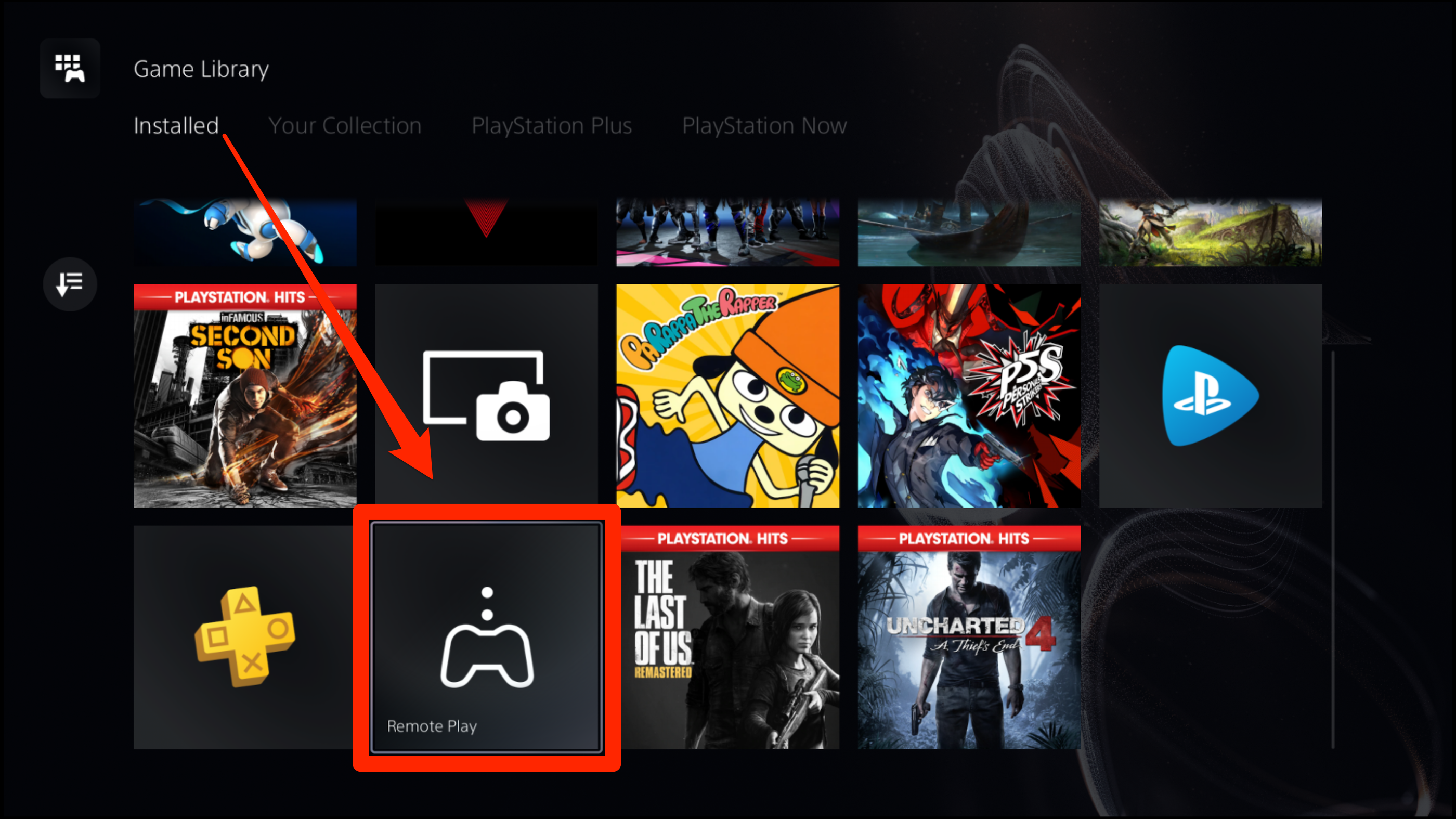 The Game Library on a PS5, with the Remote Play app highlighted.