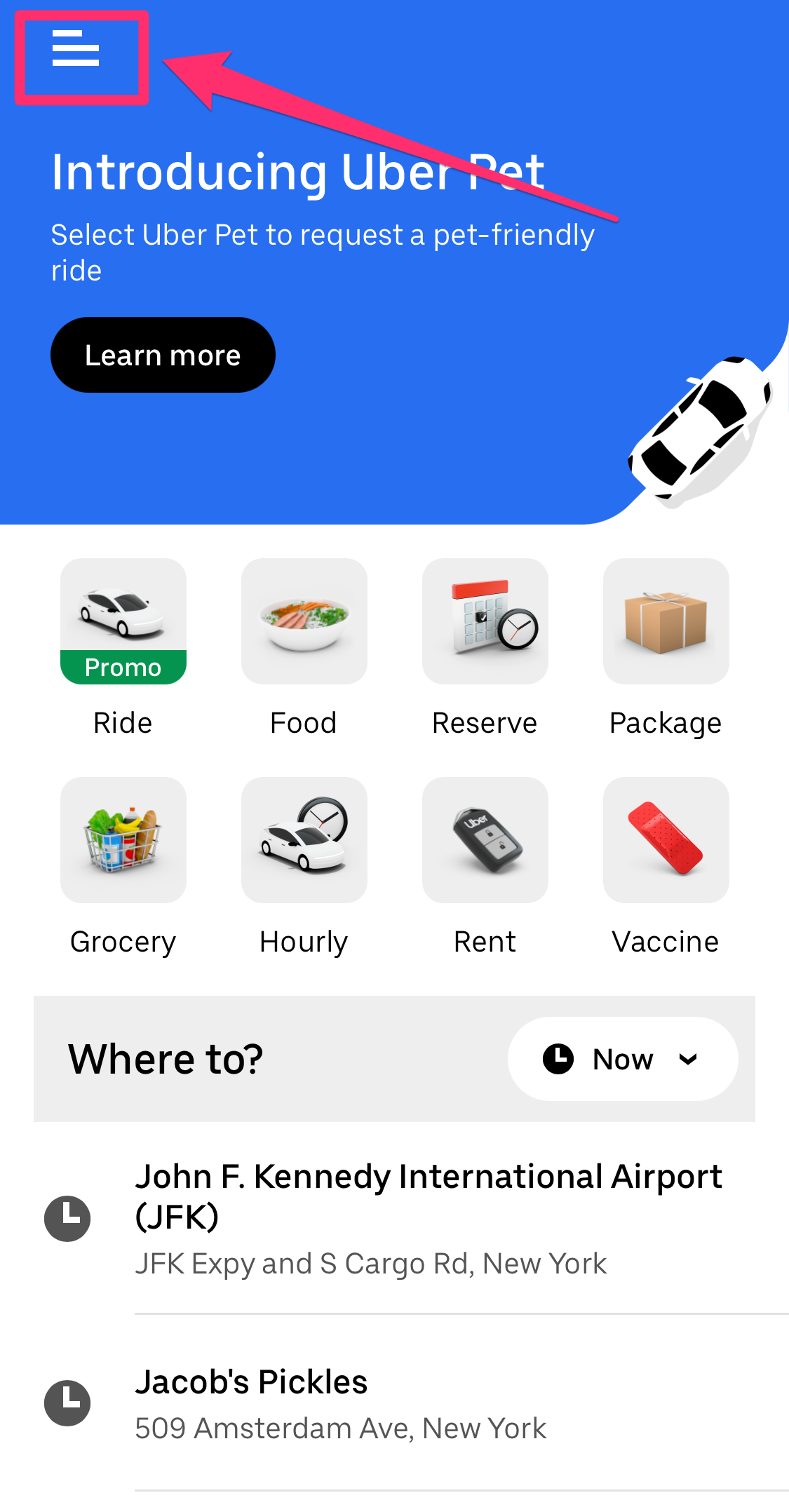 Screenshot of Uber app homepage