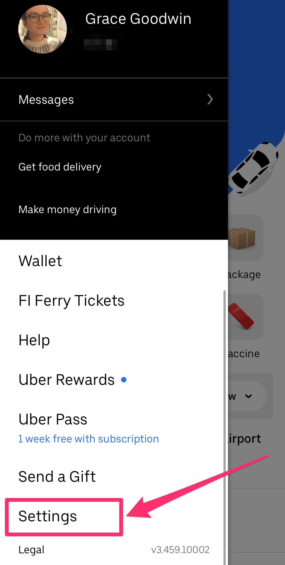 Screenshot of menu page on Uber app