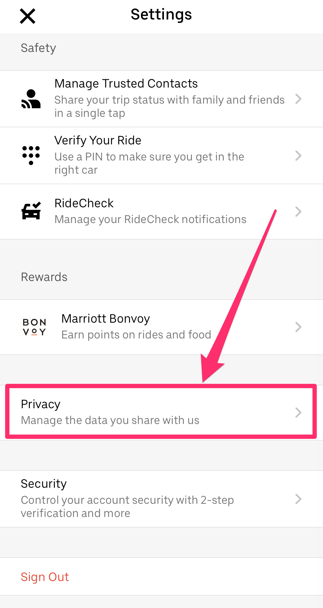 Screenshot of Settings page on Uber app