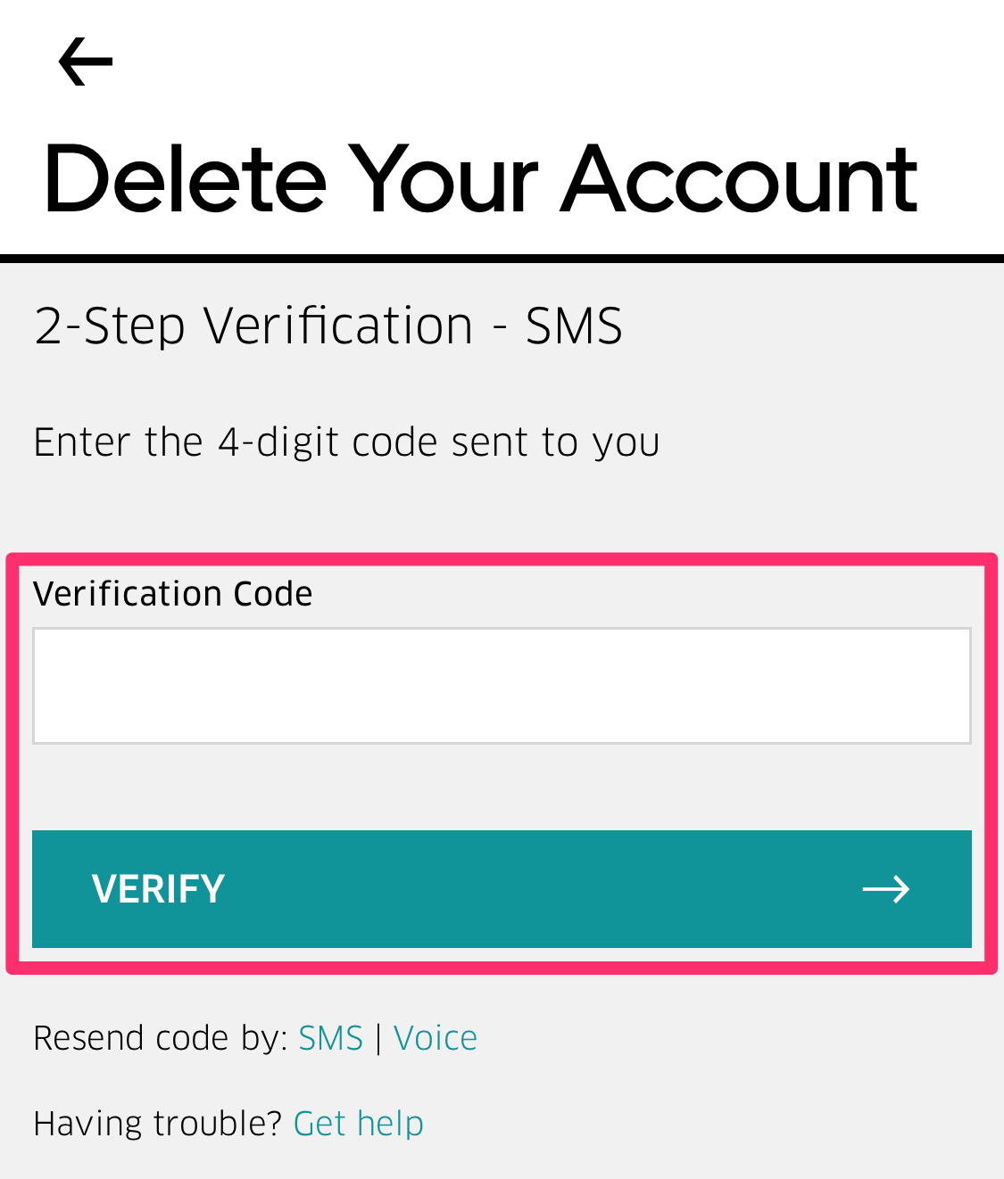 Screenshot of Delete Your Account verification code page on Uber app