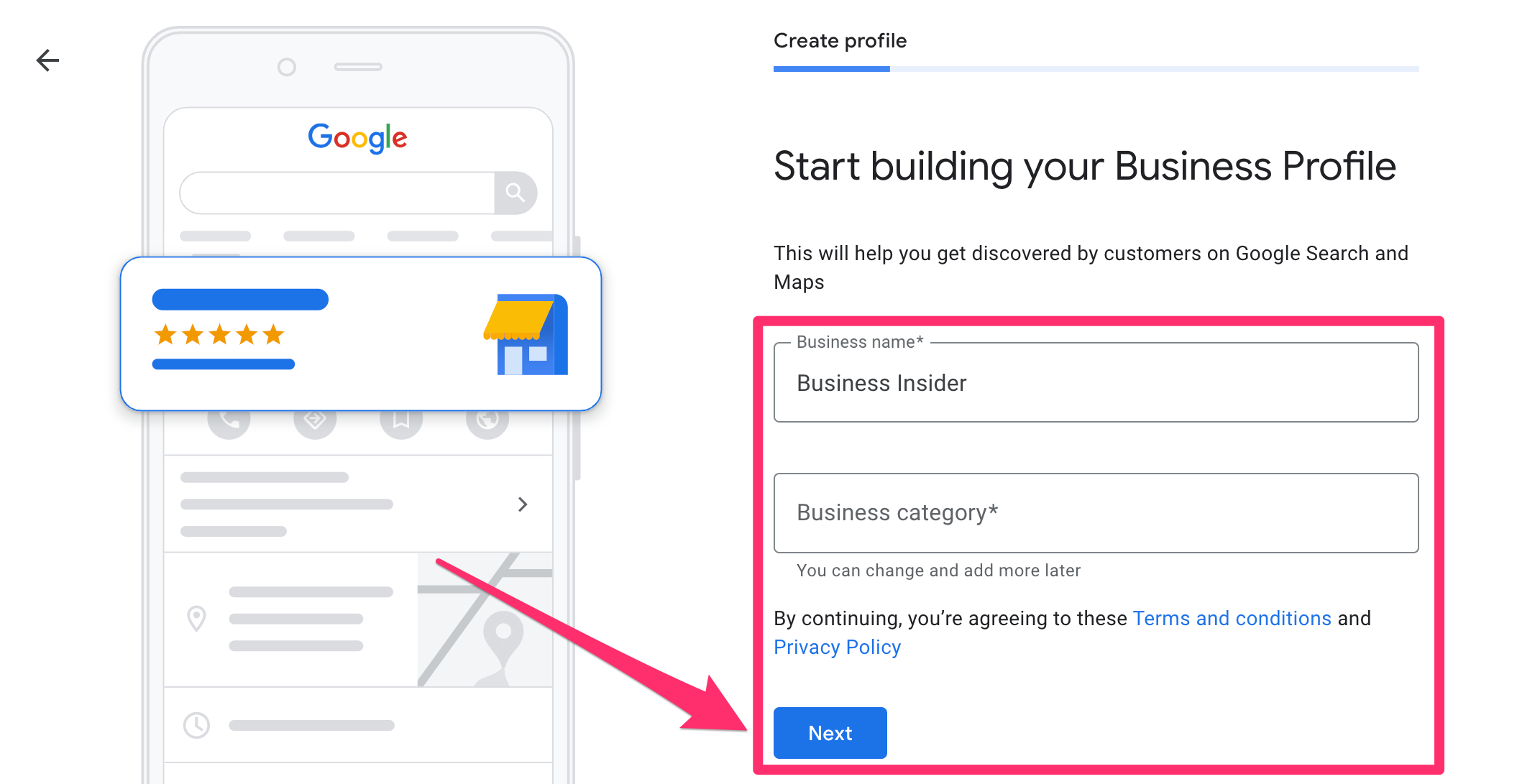 Screenshot of Google Business page to add name and category