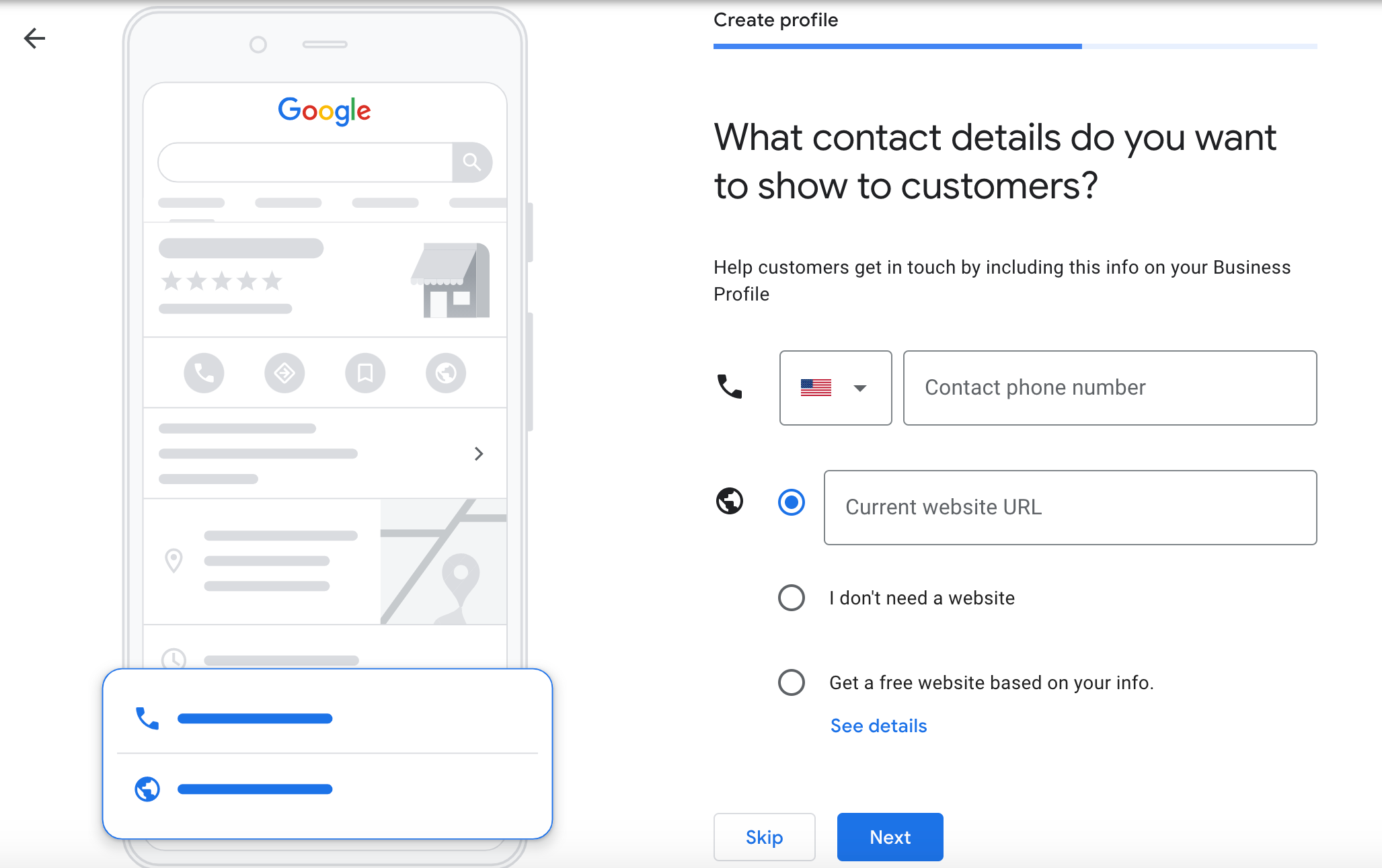 Screenshot of Google Business page to add contact info