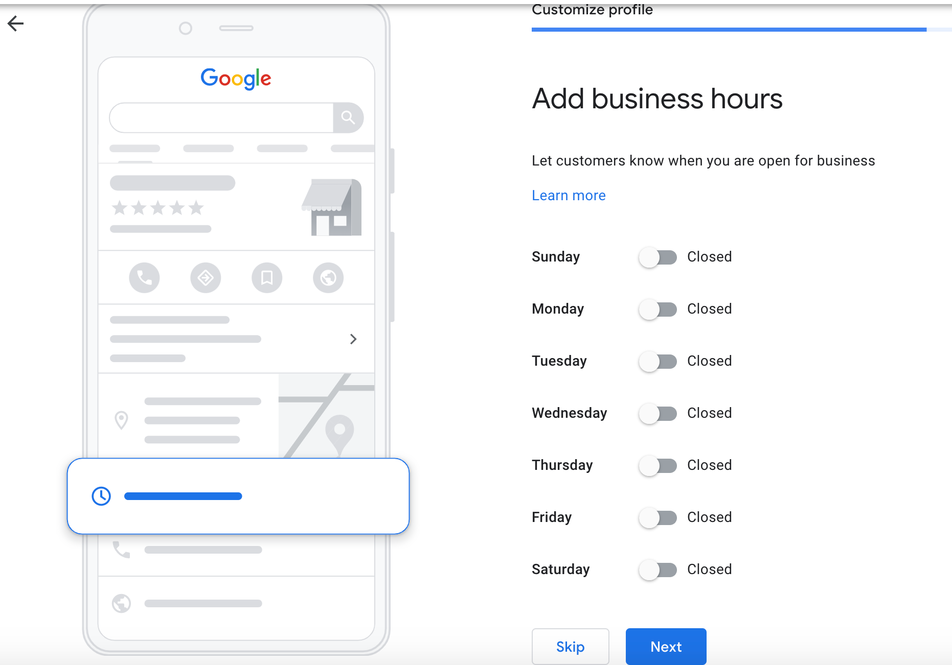 Screenshot of Google Business add business hours