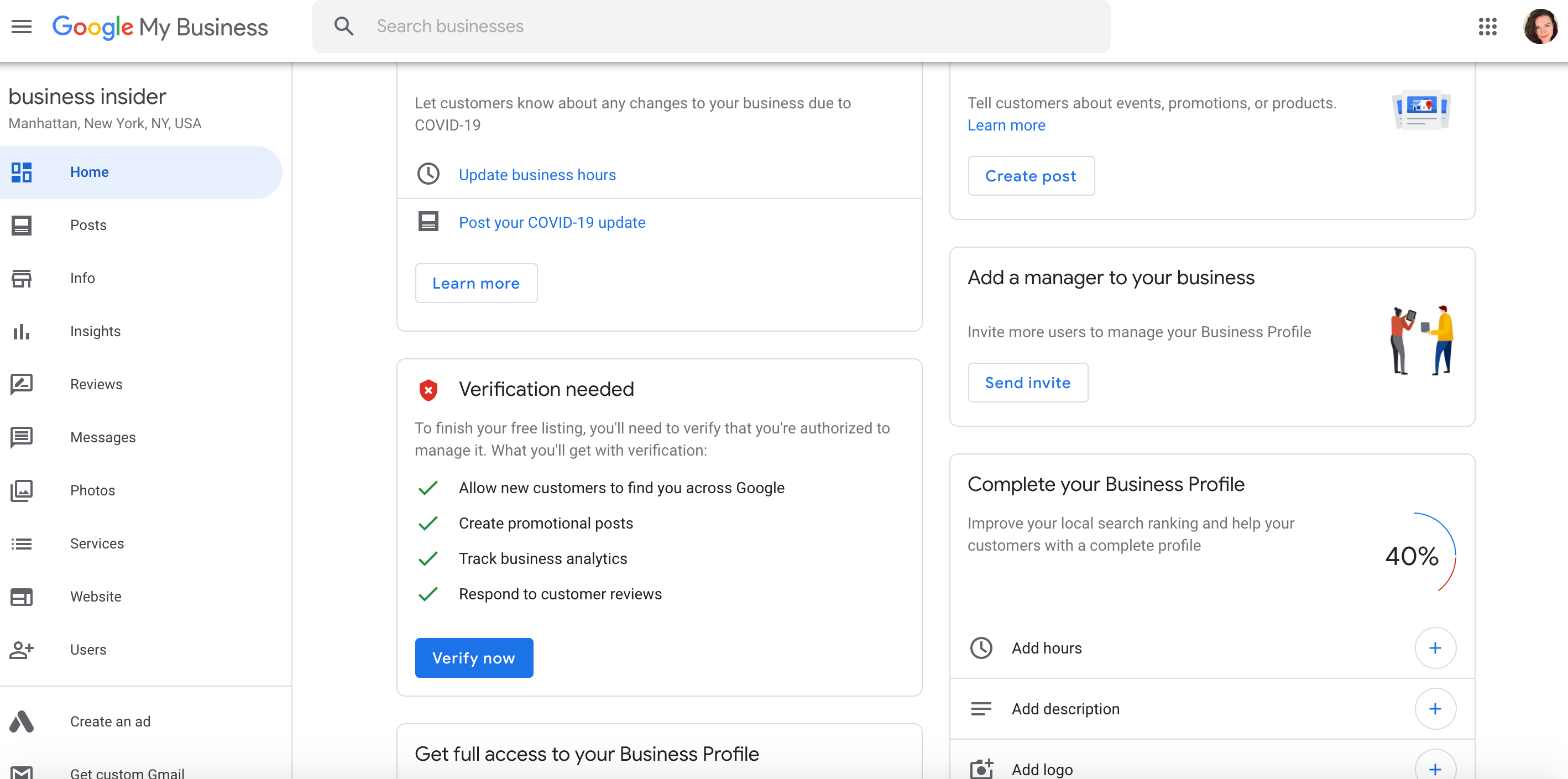 Screenshot of Google My Business home page
