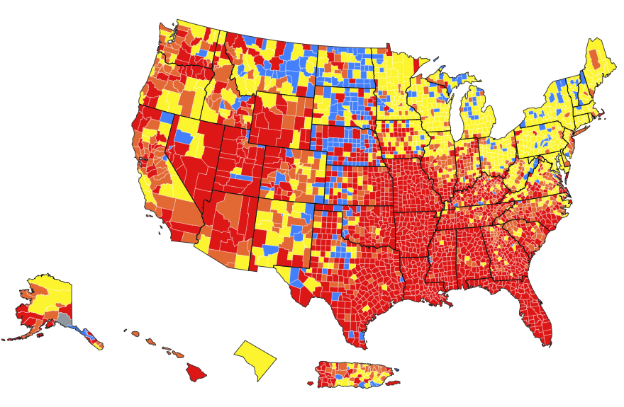 a map of the US from the CDC showing which counties have the highest transmission rates