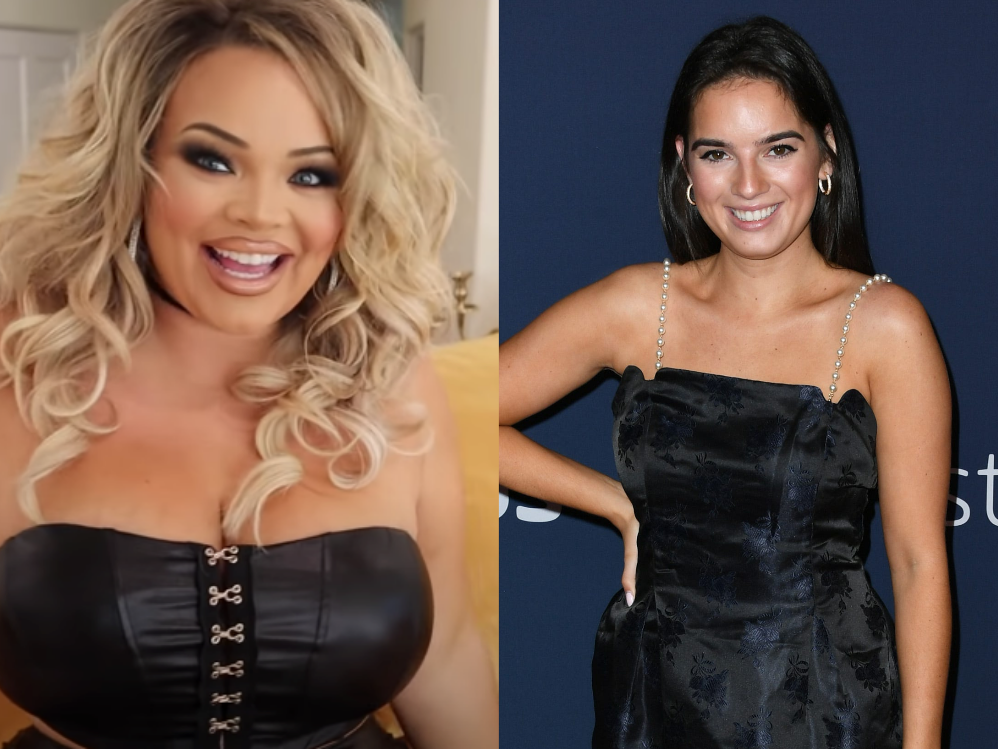 left: trisha paytas smiling and wearing a black strapless top; right: natalie mariduena in a black dress smiling