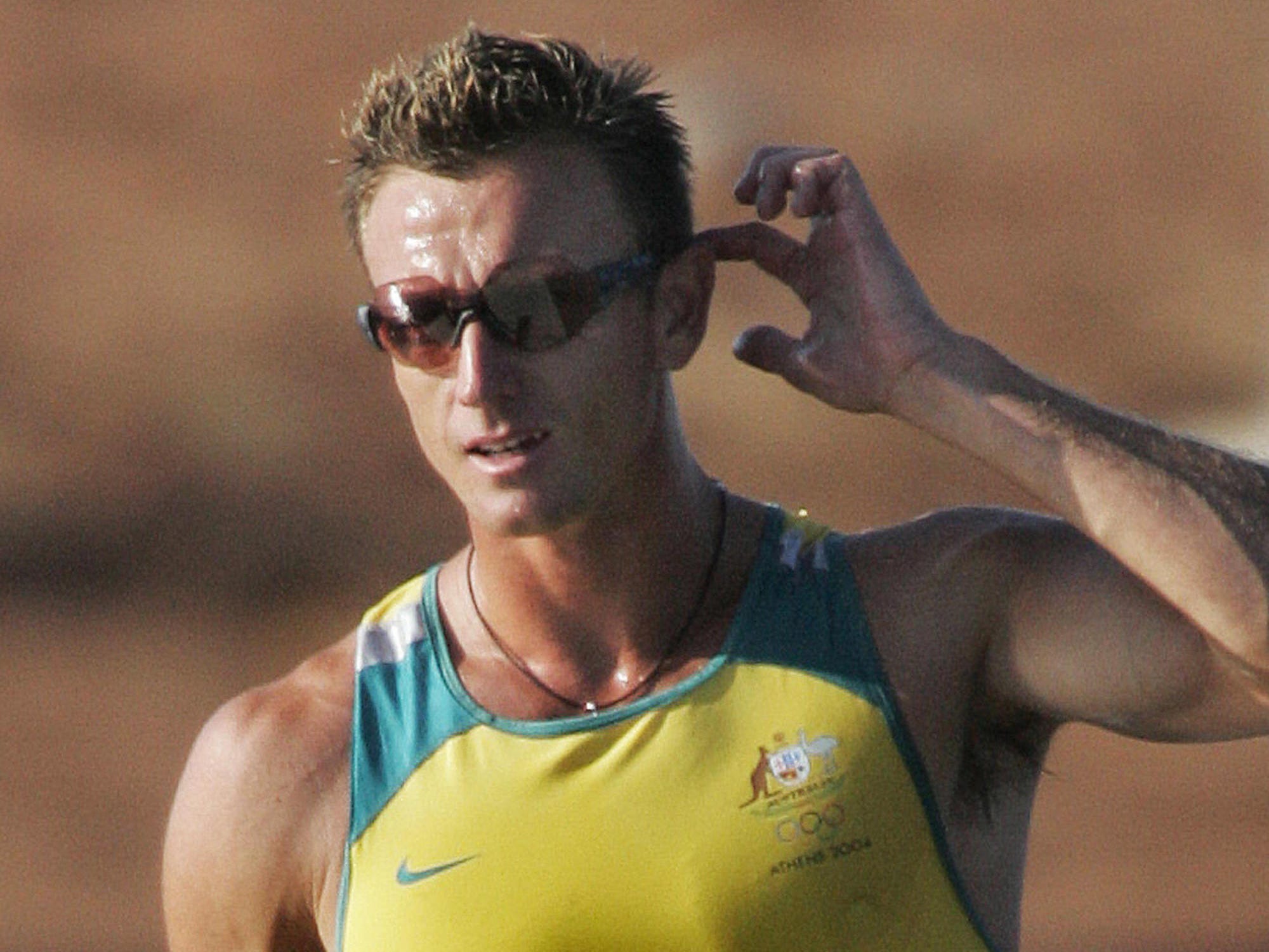 Australian Nathan Baggaley after finishing first in the Men's K1 1000m semi-finals for the Athens 2004 Olympic Games at the Schinias Rowing and Canoeing Center
