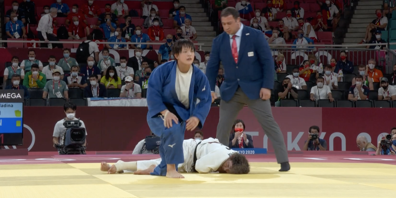 Russia's Madina Taimazova is passed out on the judo mat the Olympics