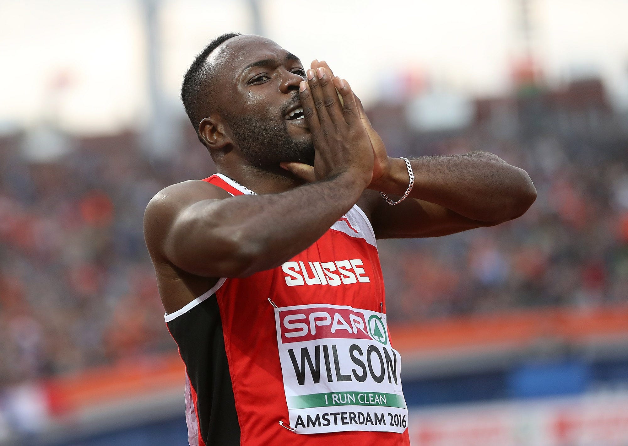 Alex Wilson of Switzerland reacts following the final of the mens 200m on day three of The 23rd European Athletics Championships at Olympic Stadium