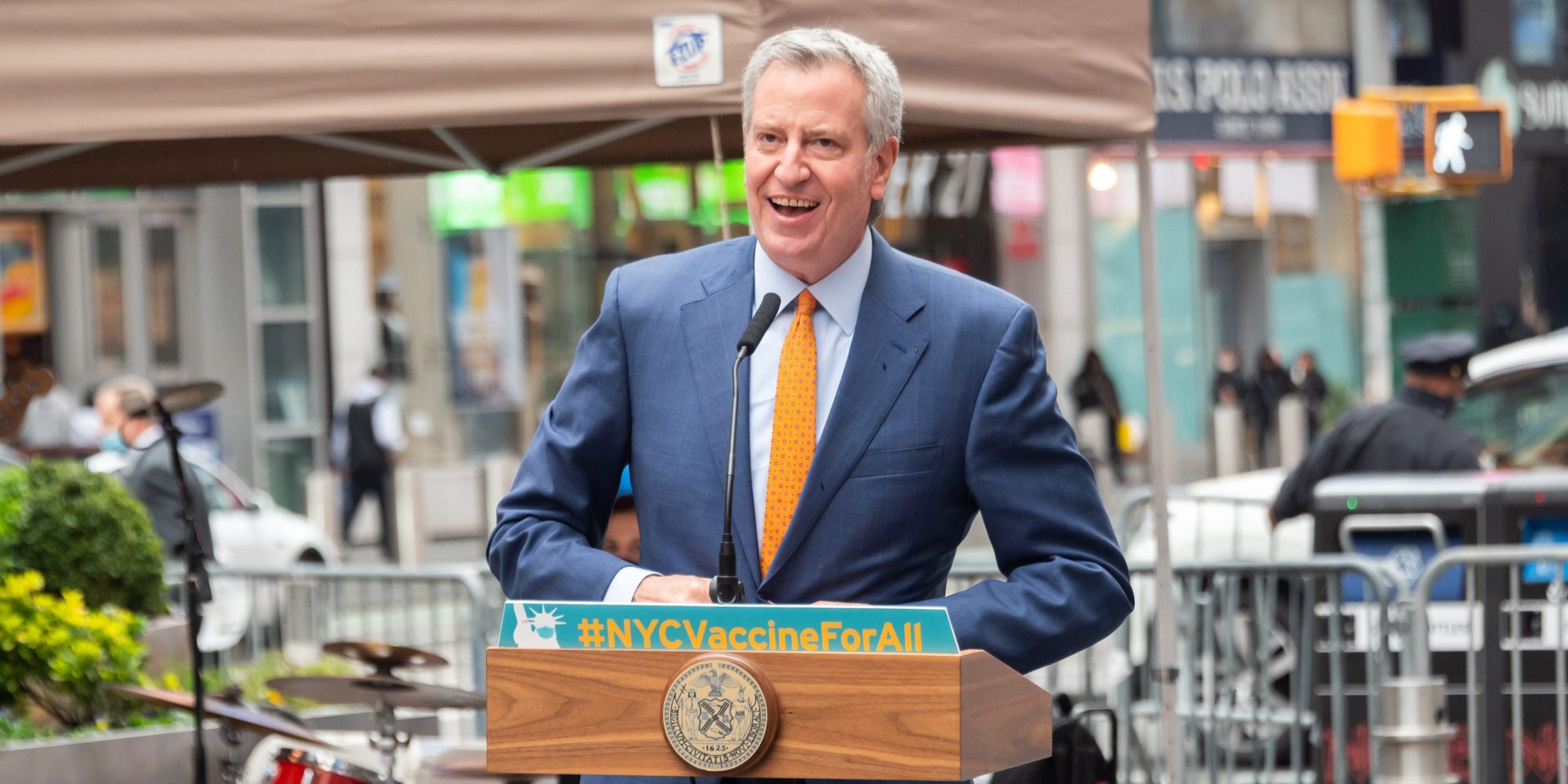 Mayor of New York City Bill de Blasio speaks during the opening of a vaccination center for Broadway workers in Times Square on April 12, 2021 in New York City.