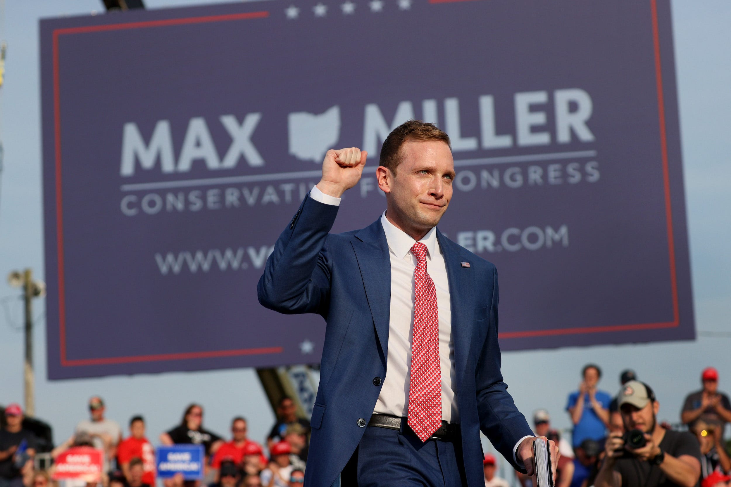 Max Miller, an Ohio congressional candidate who has been backed by Trump, is at a campaign event in Wellington, Ohio