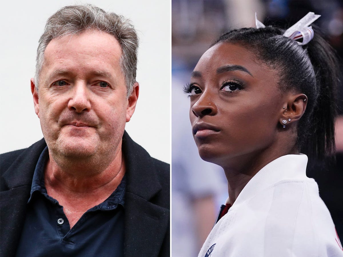 A side-by-side of a close up of Piers Morgan and a close up of Simone Biles.