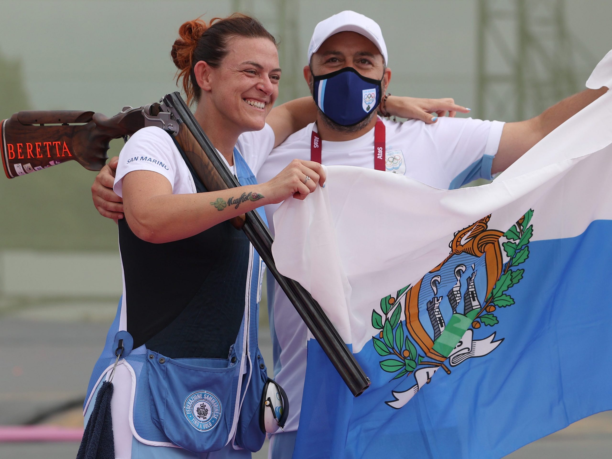 Bronze Medalist Alessandra Perilli of Team San Marino celebrates following the Trap Women's Finals