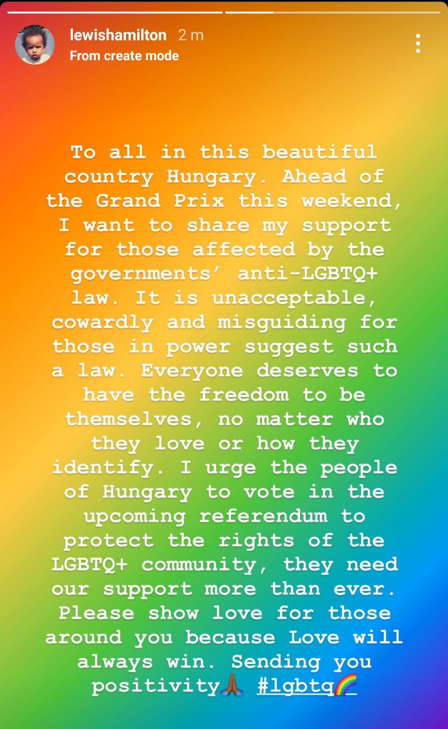 Text showing Lewis Hamilton's criticism of Hungary's anti-LGBTQ+ laws