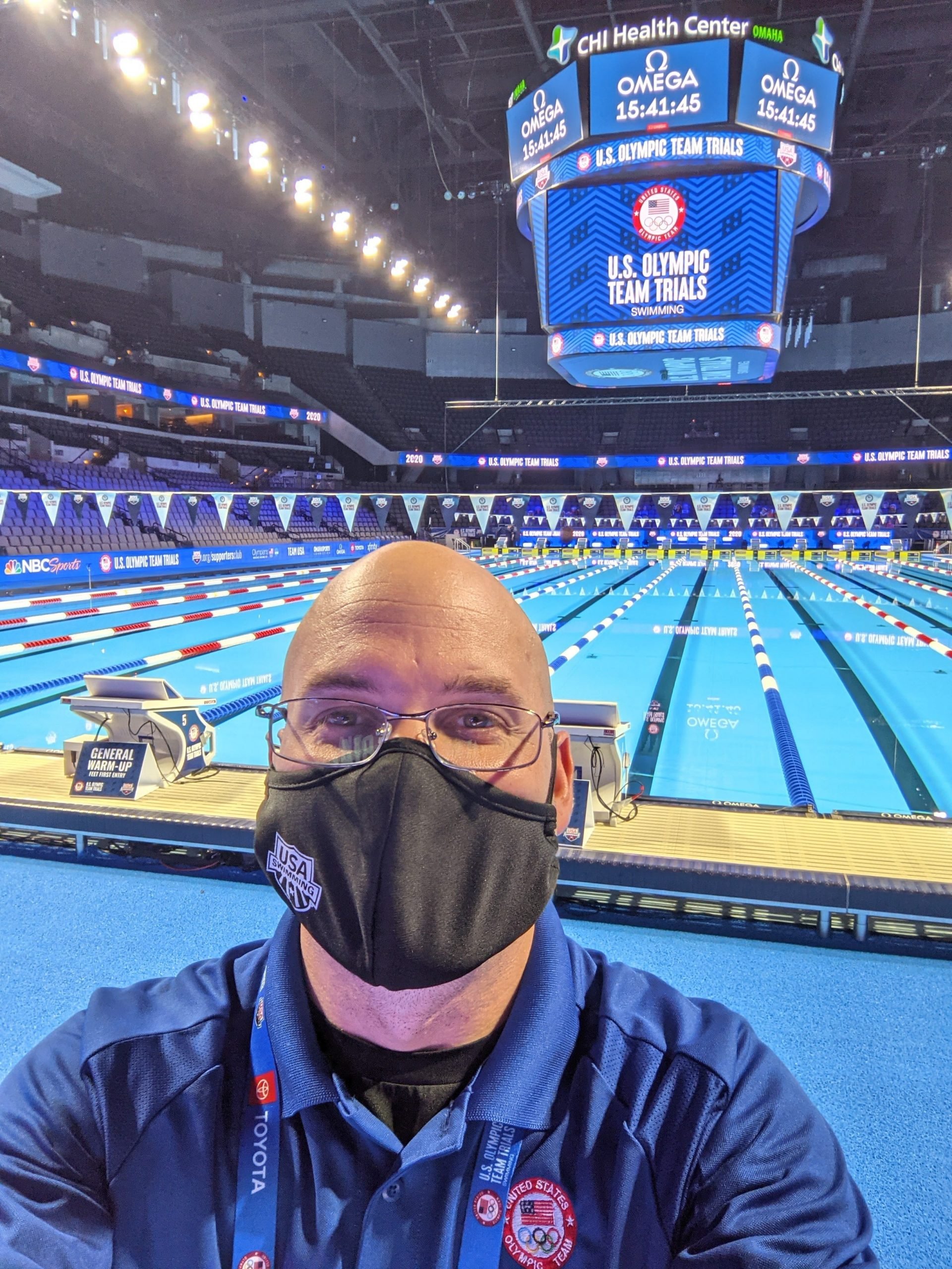 James Meyers by the pool at the US Olympics swim trials in 2021