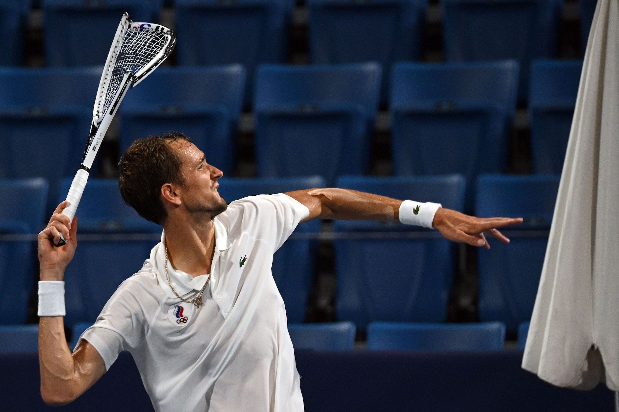 Daniil Medvedev seen here throwing his smashed racket at the 2020 Olympic Games in Tokyo.