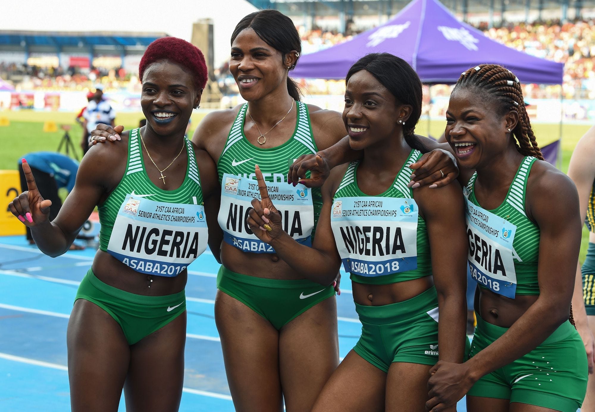 Rosemary Chukwuma celebrates after winning the women's 4x100m relay during the 21st African Senior Athletics Championship