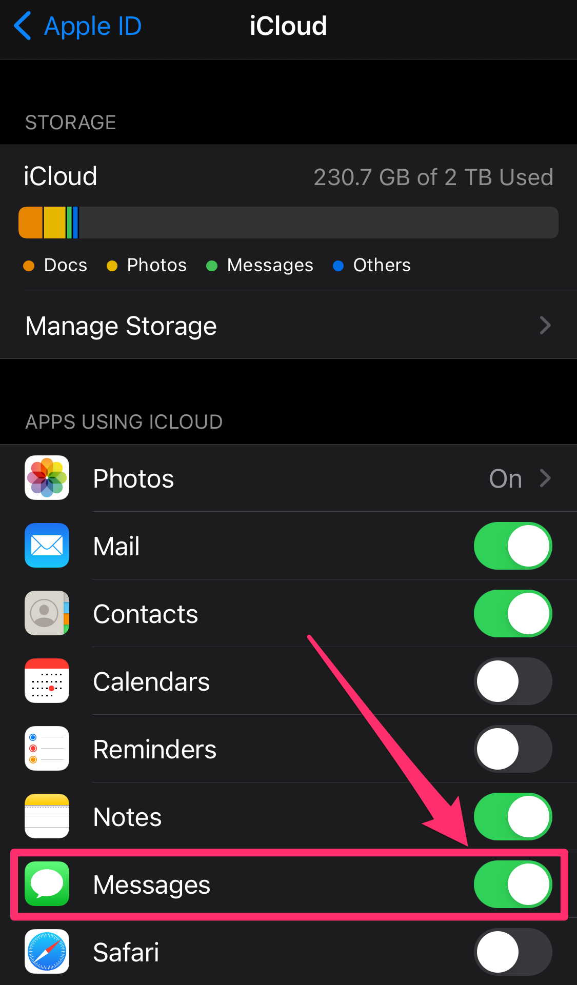 Screenshot of iCloud page on iPhone Settings app