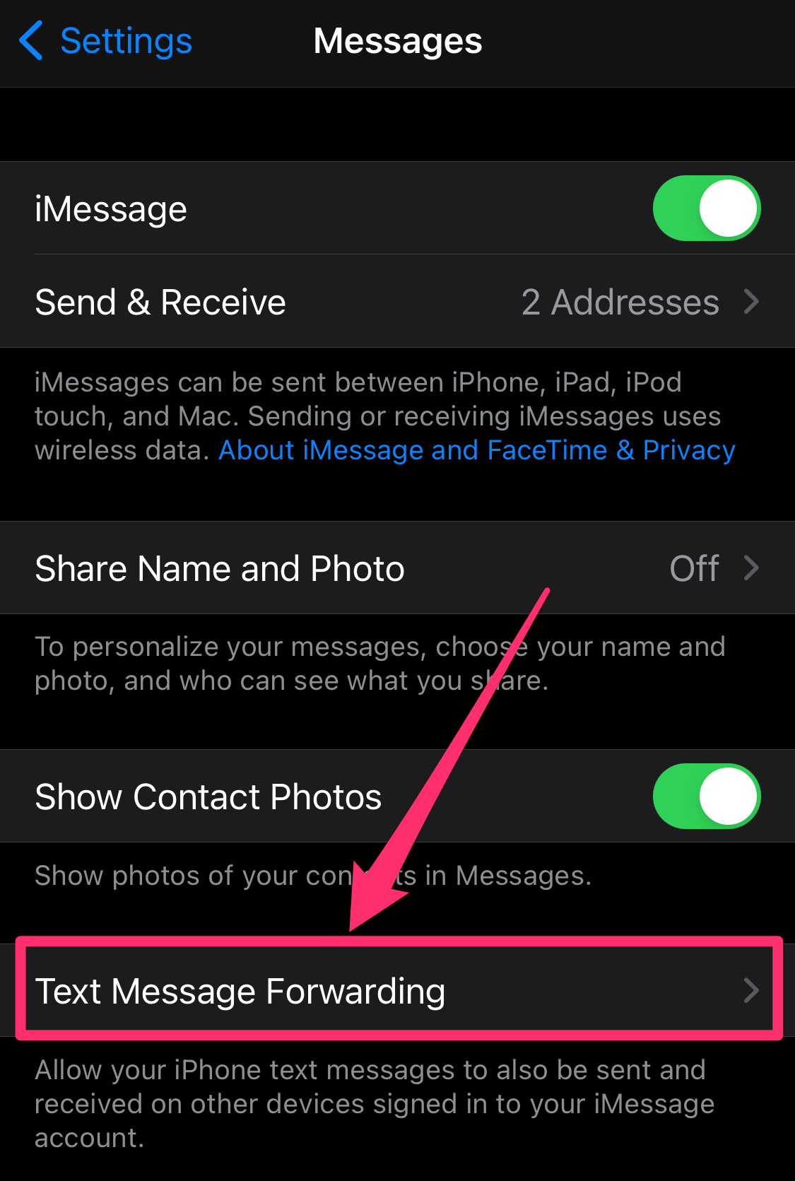 Screenshot of Messages app page in iPhone Settings app