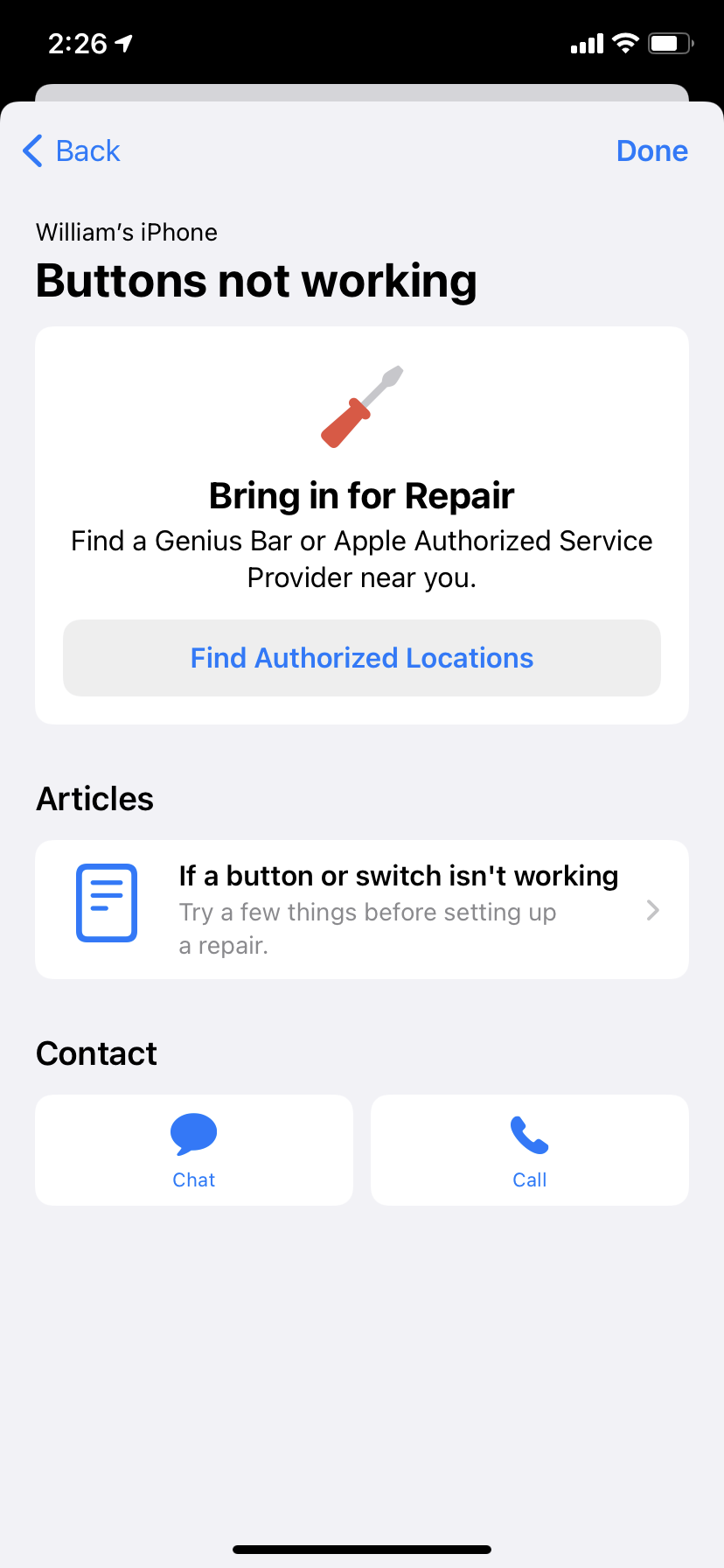 A page titled "Buttons not working" that lets a user send in their device for repair, read an article, chat, or call Apple.