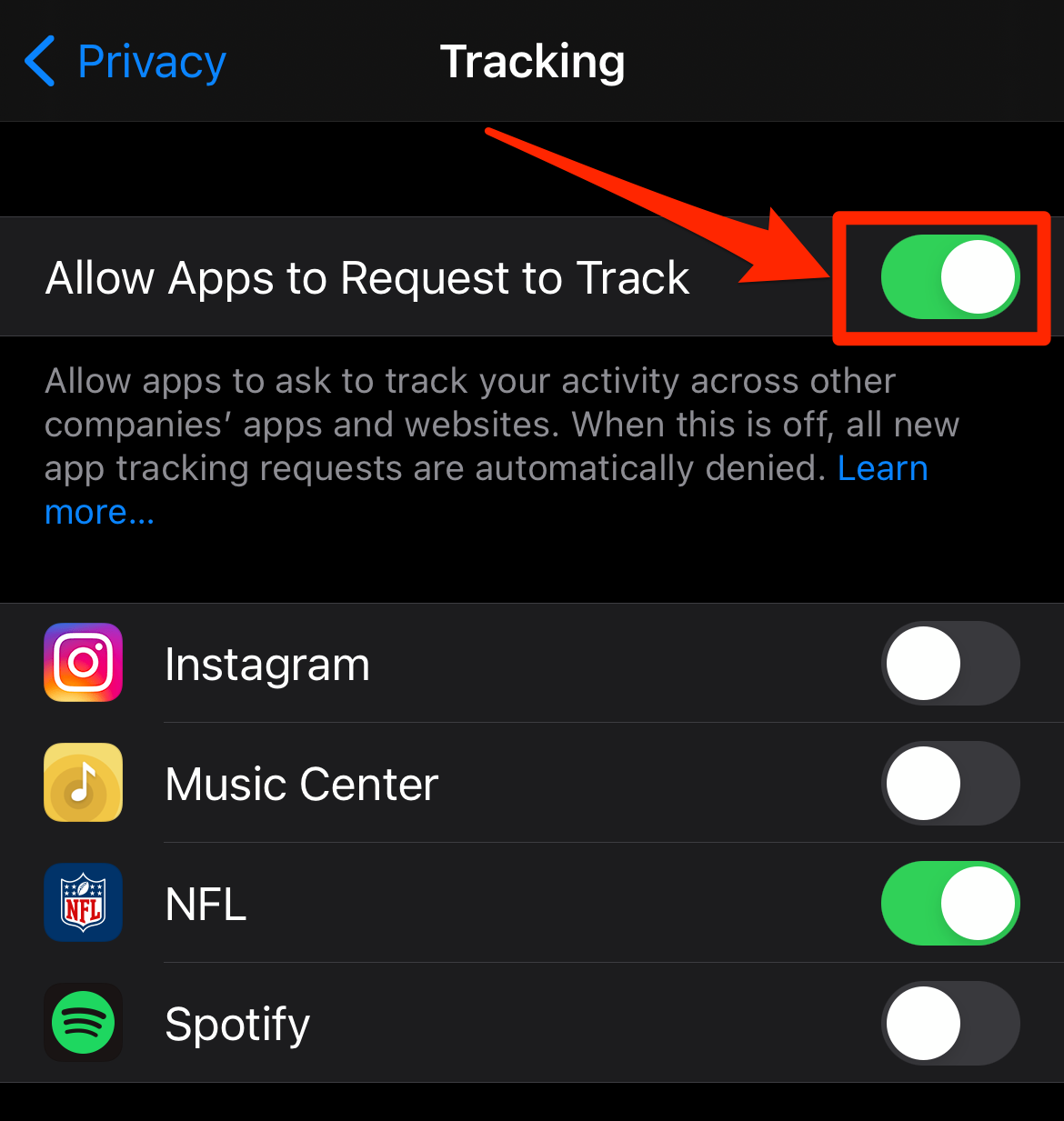 Screenshot of Tracking page on iPhone Settings app