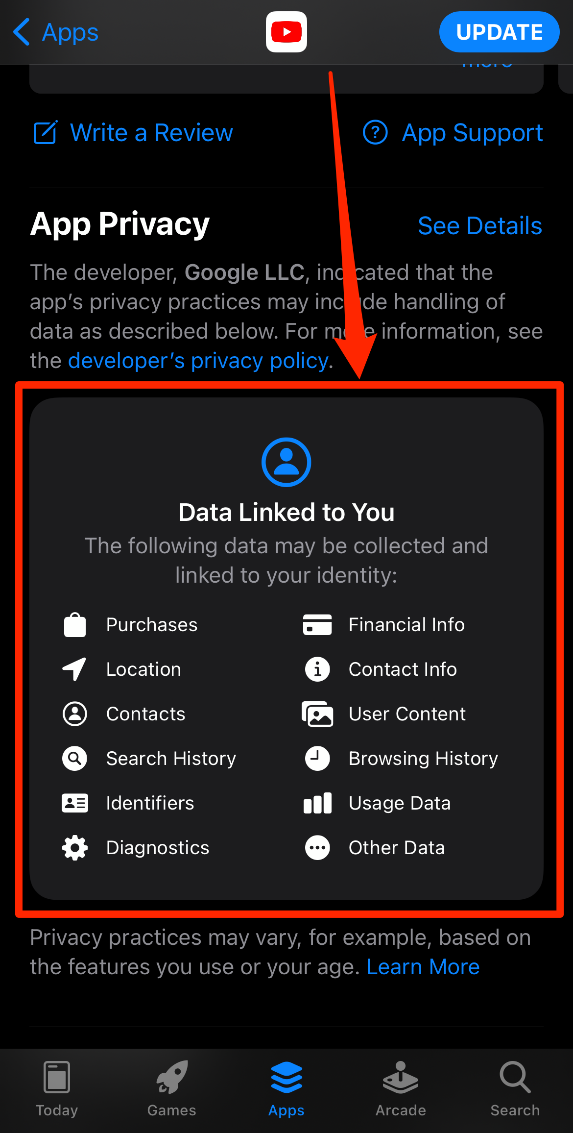 Screenshot of App Privacy section of app's about screen on App Store