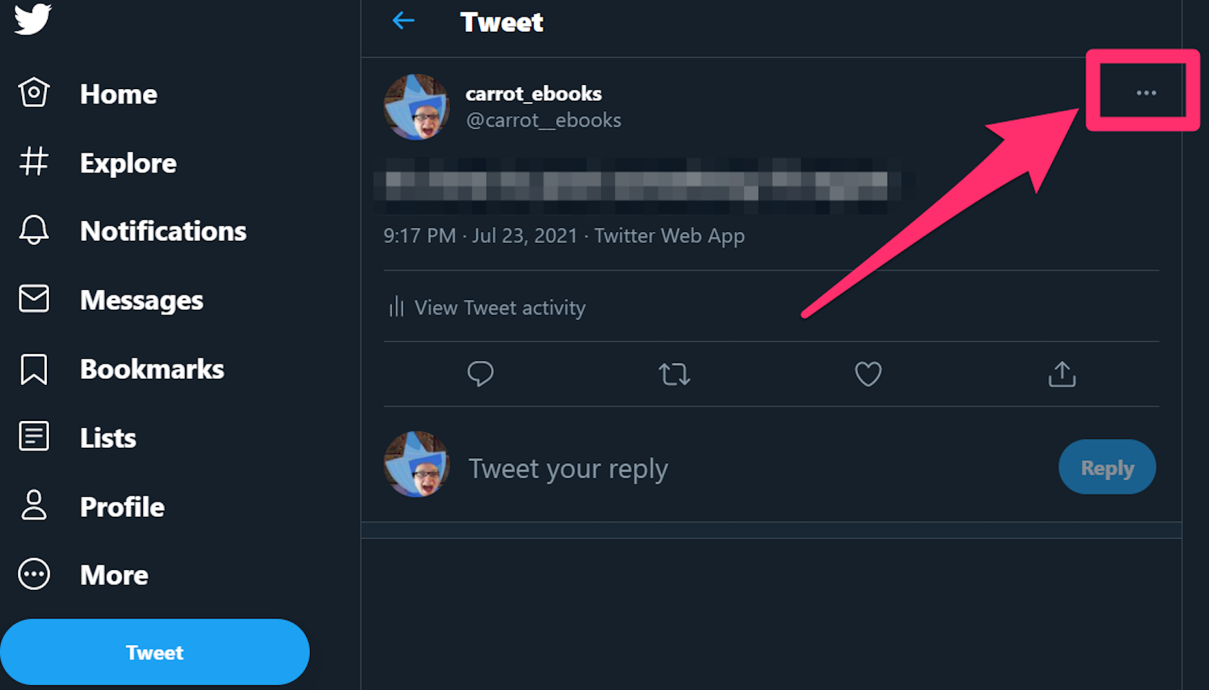 Screenshot of tweet on Twitter, icon of three dots
