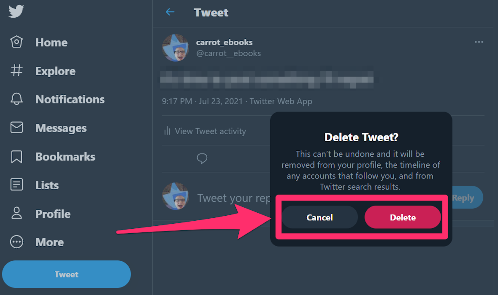 Screenshot of "Delete Tweet" pop-up on Twitter website