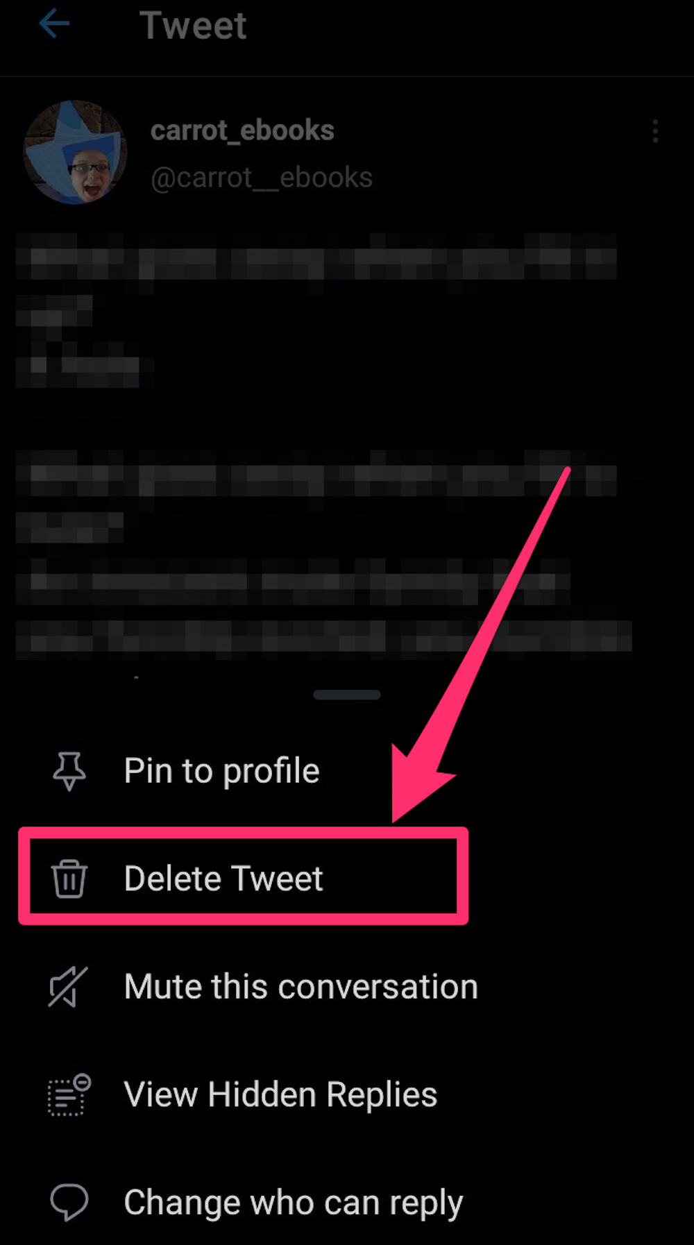 Screenshot of three-dot icon menu on Twitter app