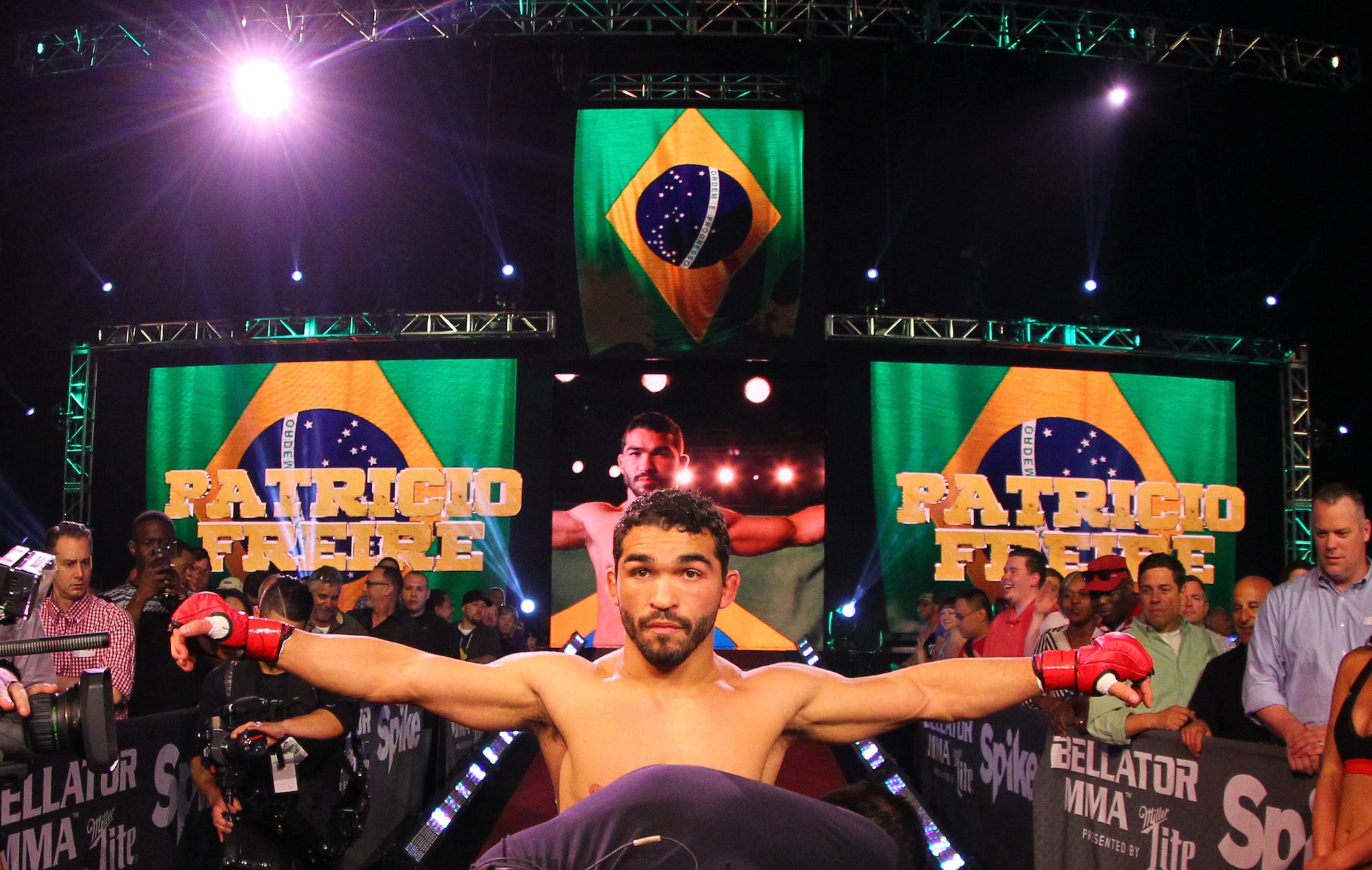 Patricio Freire walks to the Bellator MMA cage in 2016.