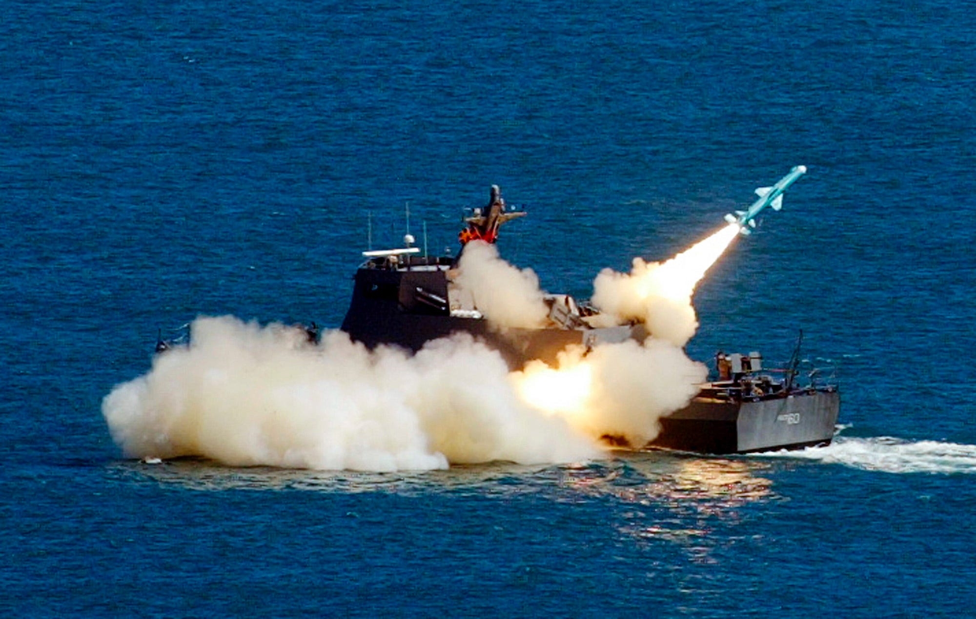 Taiwan navy ship launches a Hsiung Feng II missile