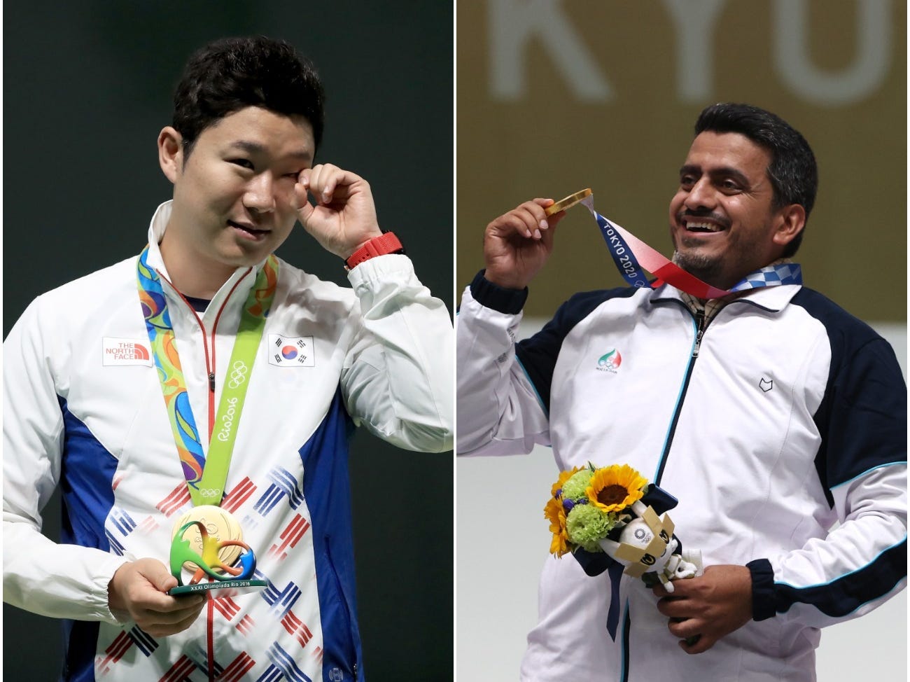 Jin Jong-oh and Javad Foroughi after winning olympic medals