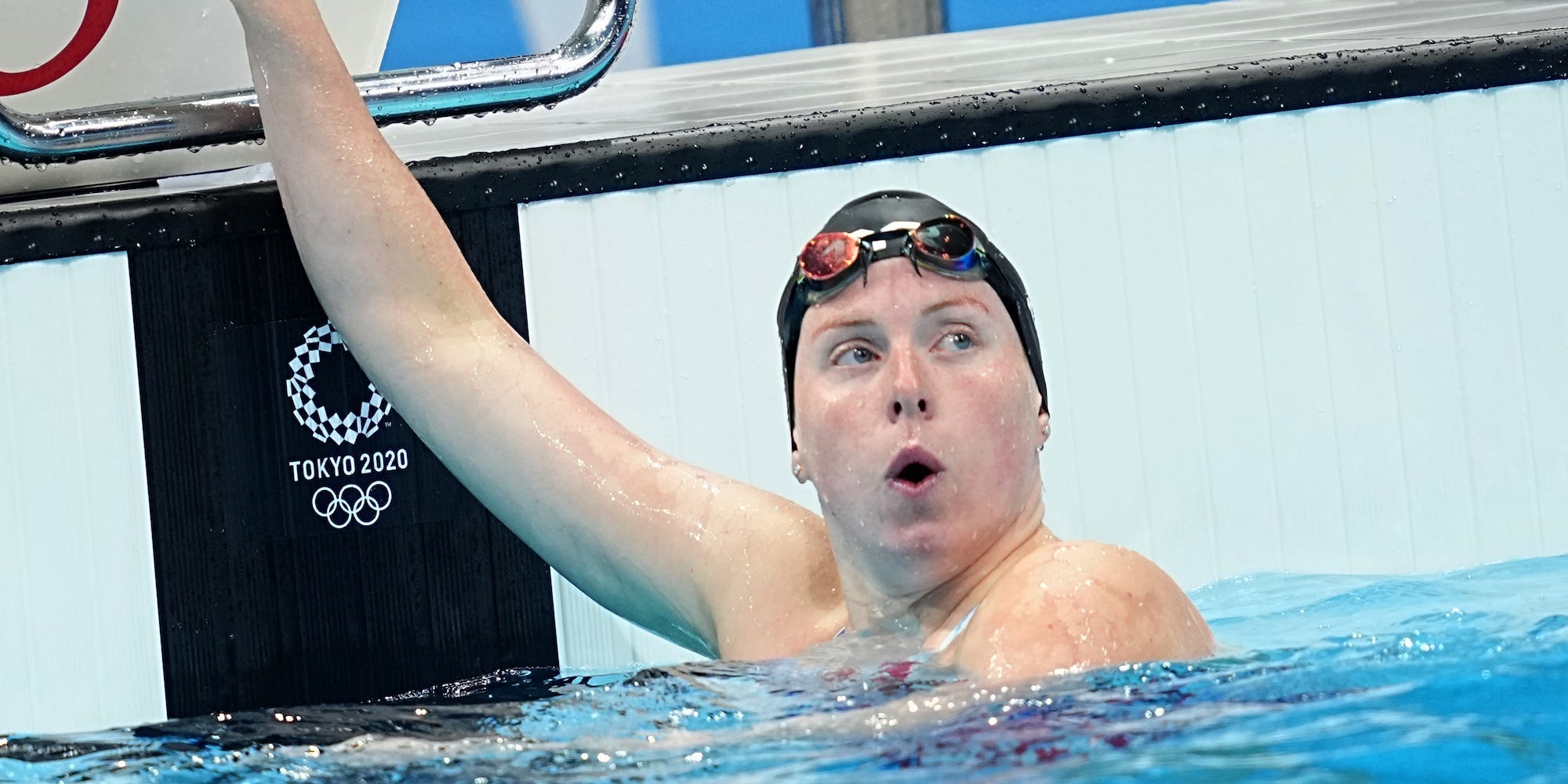 Lilly King looks up while in the pool at the Tokyo Olympics.