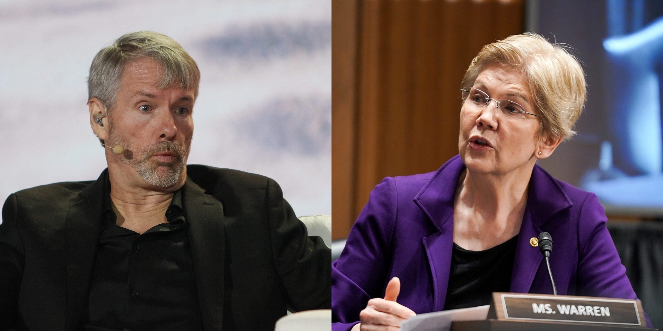 MicroStrategy CEO Michael Saylor speaks at the Bitcoin 2021 Convention held on June 04, 2021 in Miami, Florida (on the left). Sen. Elizabeth Warren (D-Mass.) questions Deputy Treasury Secretary nominee Adewale Adeyemo during his Senate Finance Committee nomination hearing on February 23, 2021 at Capitol Hill in Washington, D.C. (on the right).