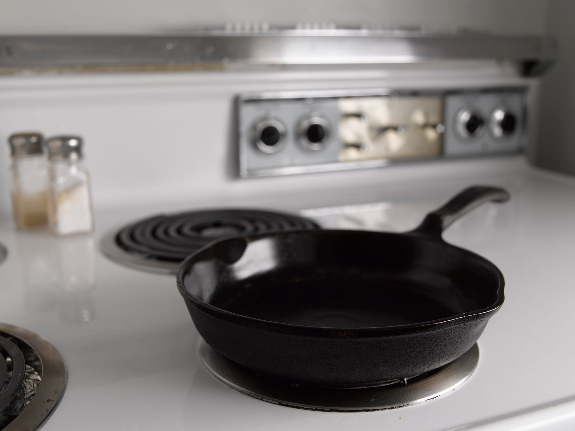 A cast iron skillet on the stove.