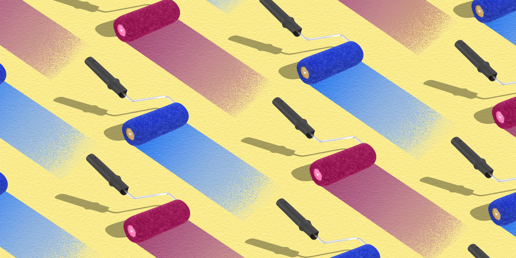 Blue and red paint rollers on yellow background 2x1